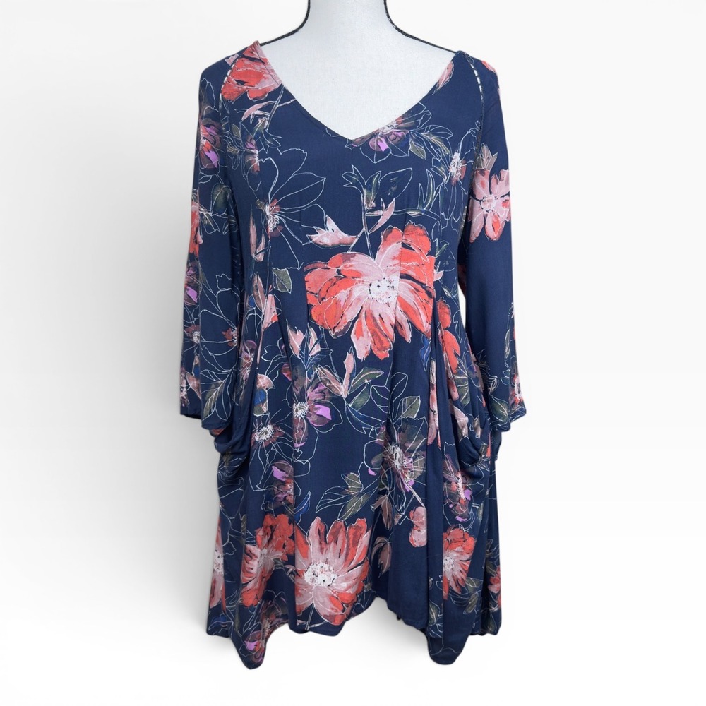 Free People Floral Mini Dress Womens 2 Navy Blue Excellent Boho V-Neck Pockets